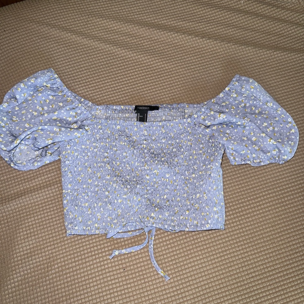 Forever 21 Blue Floral Puff Sleeve Blouse